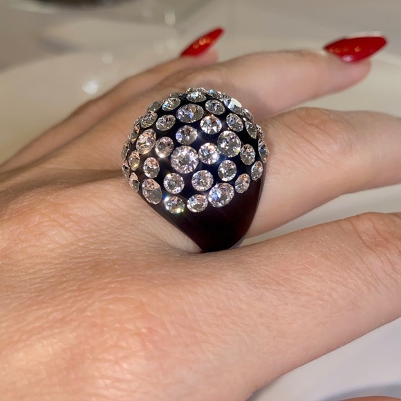 Women’s Black Acrylic Ring Embellished With Swarovski Crystal Stones, Dome Shape - Picture 7 of 15